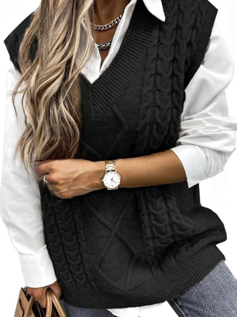 Black Cable Knit V-Neck Vest Size Large Like New